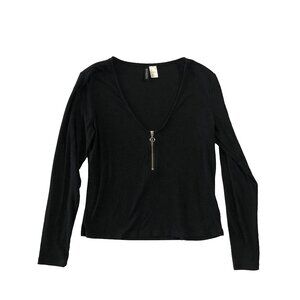 H&M Divided Womens Size L Black 1/4 Zip Up Ribbed Knit Cropped Tee